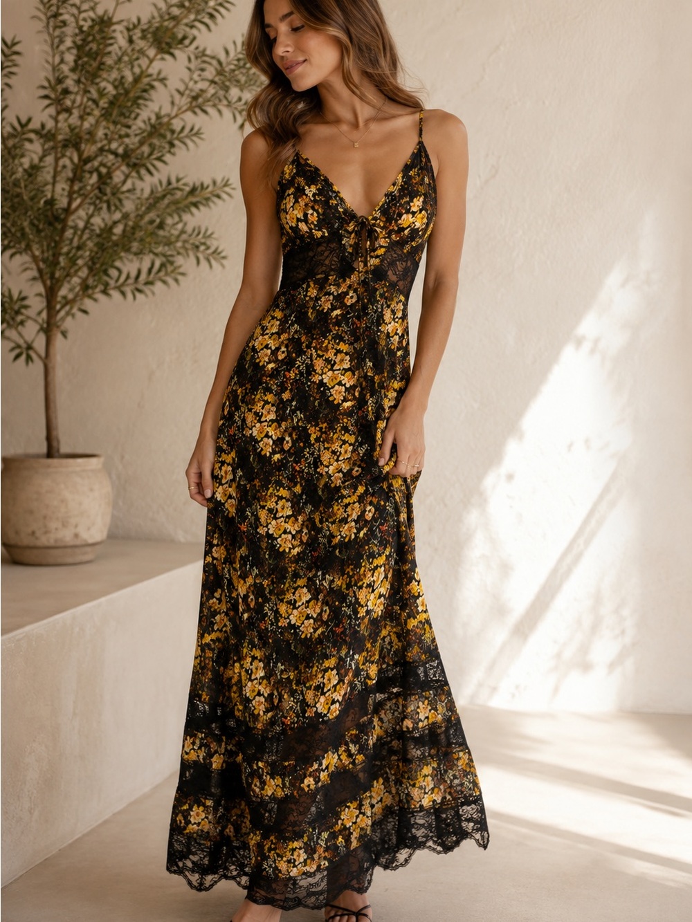 Urban Outfitters Black and Yellow Floral Lace Maxi Dress
